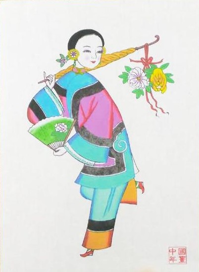 五款民間工藝年畫(huà)，手繪仕女木版年畫(huà)