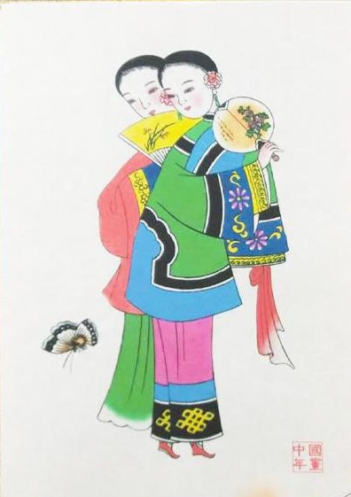 五款民間工藝年畫(huà)，手繪仕女木版年畫(huà)