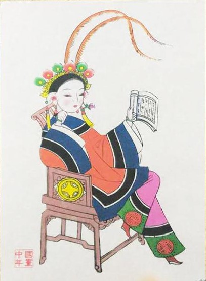 五款民間工藝年畫(huà)，手繪仕女木版年畫(huà)