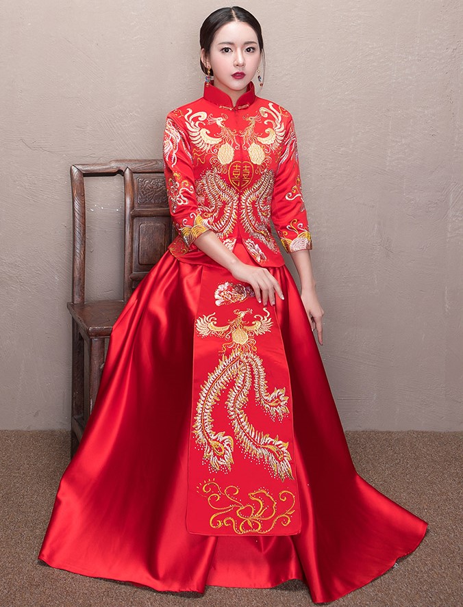 古典家佳樂(lè)文學(xué)喜字新娘禮服,鳳凰刺繡中式禮服