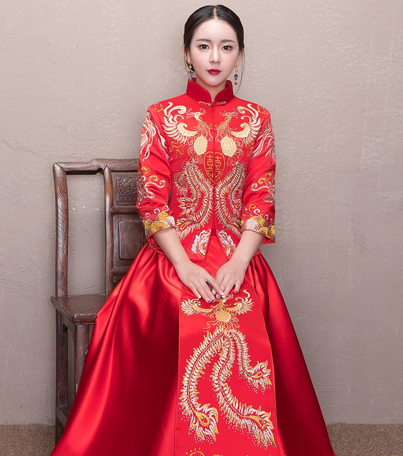 古典家佳樂(lè)文學(xué)喜字新娘禮服,鳳凰刺繡中式禮服