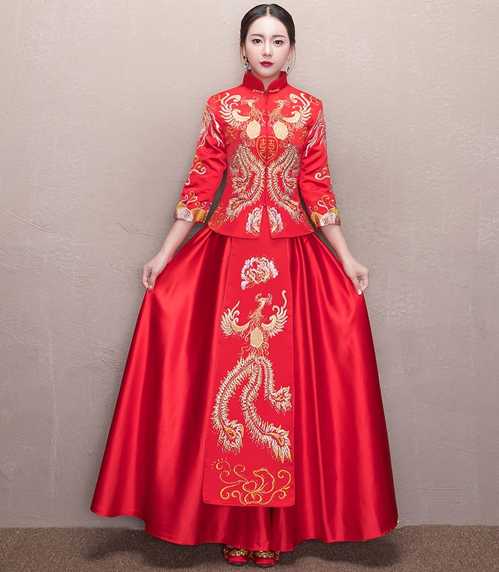 古典家佳樂(lè)文學(xué)喜字新娘禮服,鳳凰刺繡中式禮服
