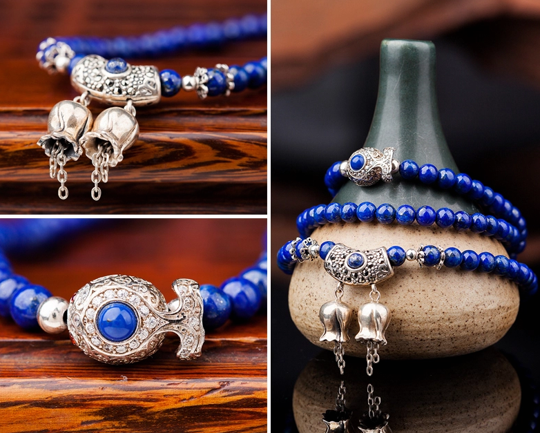 簡(jiǎn)約銀鈴鐺吊墜多圈民族風(fēng)青金石手串