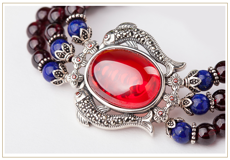 雙魚戲珠民族風酒紅色石榴石手串