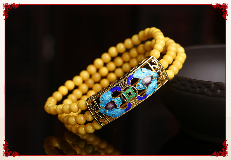 復古燒藍吉祥蝙蝠圖案蜜蠟手串