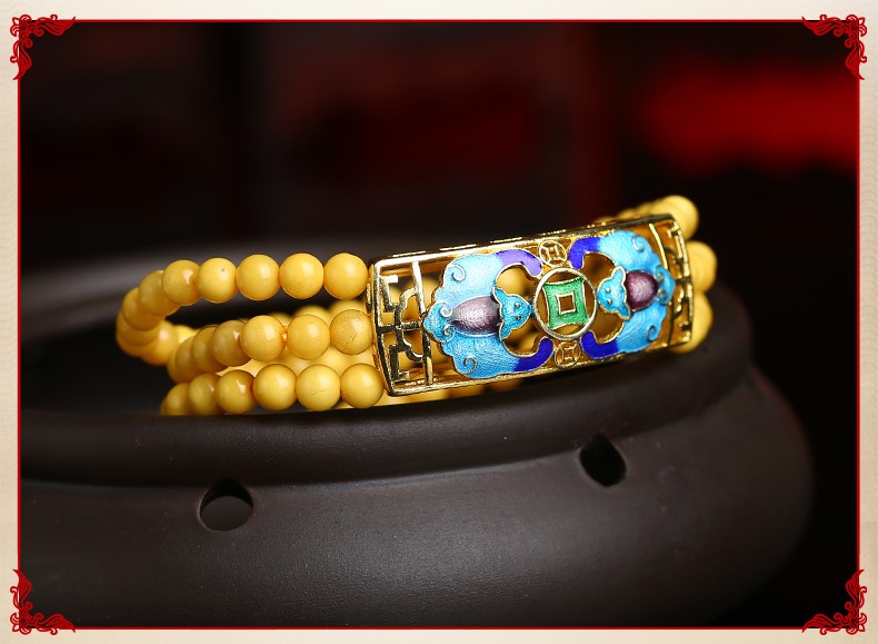 復古燒藍吉祥蝙蝠圖案蜜蠟手串