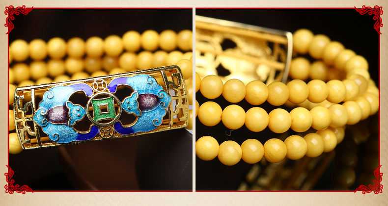 復古燒藍吉祥蝙蝠圖案蜜蠟手串