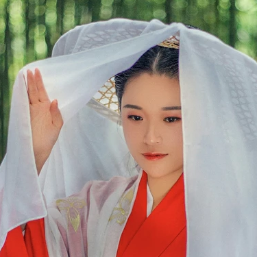 紅衣帶面具扇女生頭像，唯美古風(fēng)真人頭像