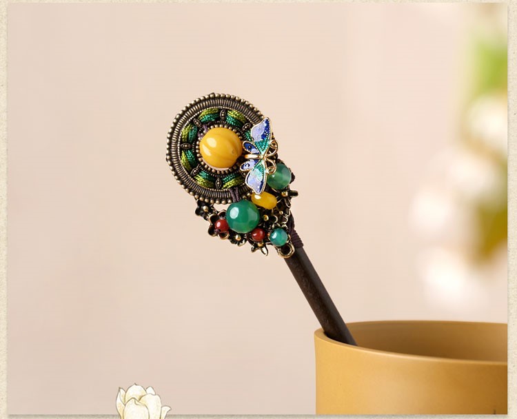 古風(fēng)手工琉璃景泰藍木簪子頭飾