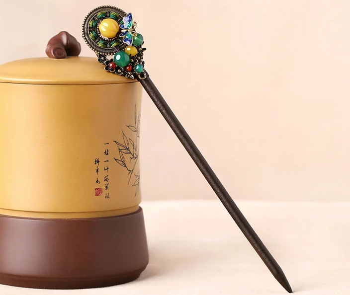 古風(fēng)手工琉璃景泰藍木簪子頭飾