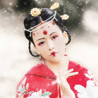 雪花飛舞紅衣女生頭像，唯美古風真人頭像