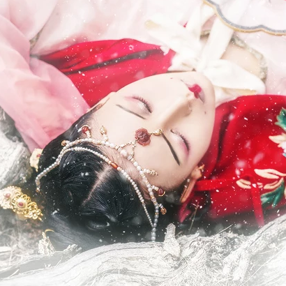 雪花飛舞紅衣女生頭像，唯美古風真人頭像