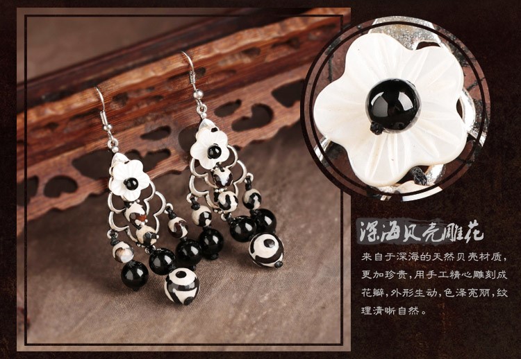 清新復古貝殼花朵耳飾黑白撞色耳環(huán)