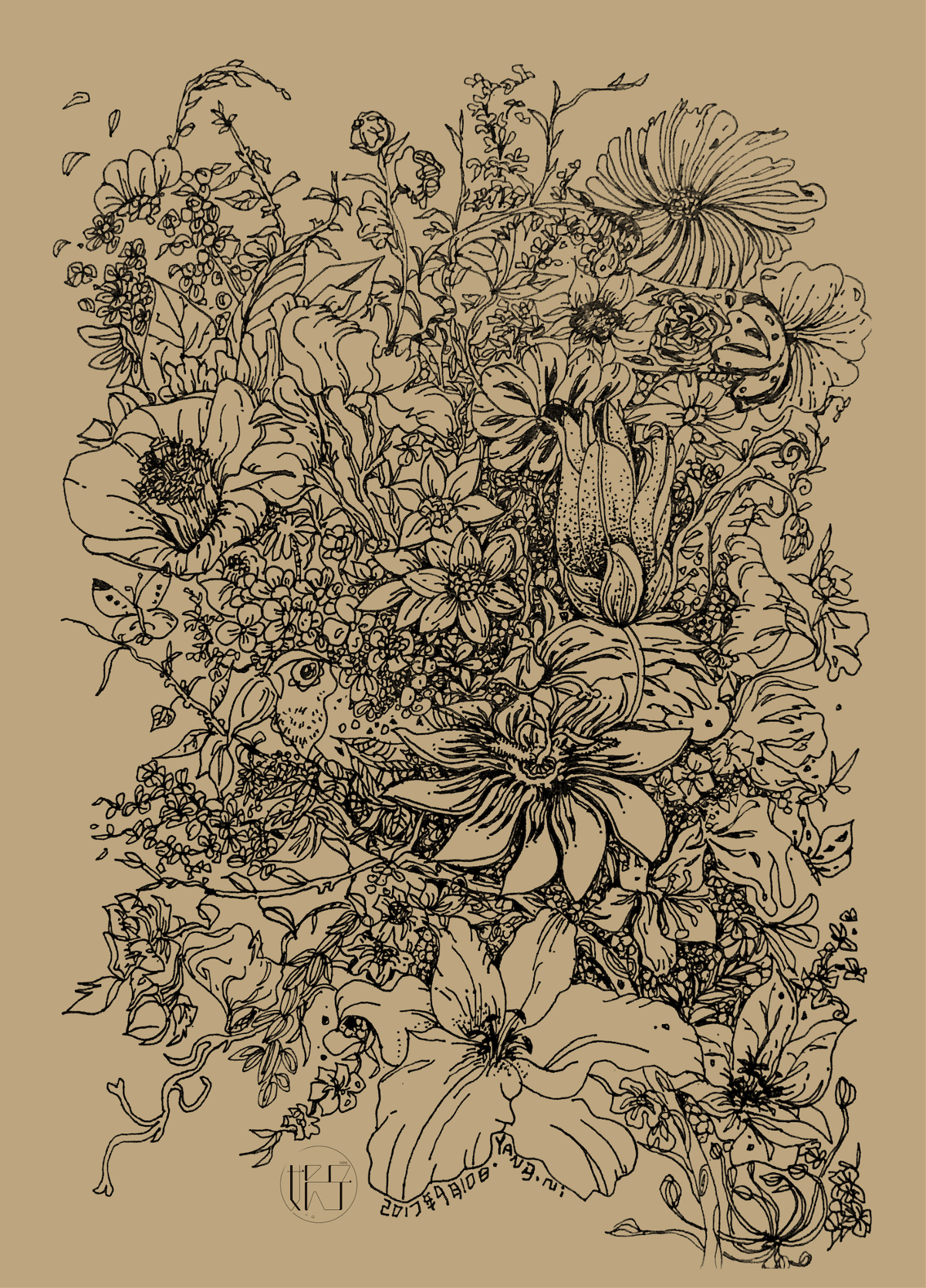 簡約手繪線稿繁花黑白插畫