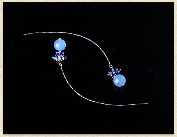 藍色蓮花景泰藍氣質耳環(huán)，小清新長款耳墜首飾