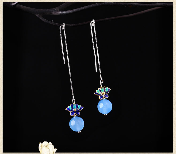 藍色蓮花景泰藍氣質耳環(huán)，小清新長款耳墜首飾