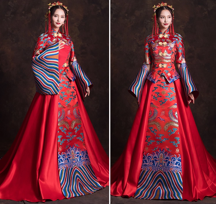 創(chuàng)意袖口新娘結(jié)婚禮服，奢華拖尾中式禮服