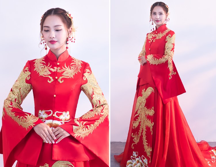 金色鳳凰刺繡新娘結婚禮服，奢華拖尾中式禮服