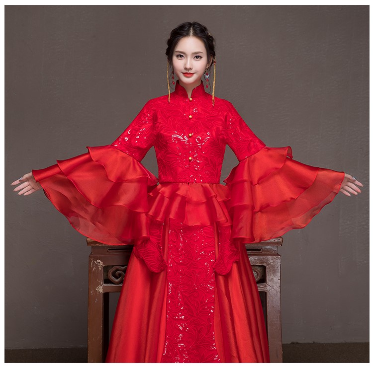 荷葉邊袖新娘結(jié)婚禮服，優(yōu)雅網(wǎng)紗蓬松中式禮服