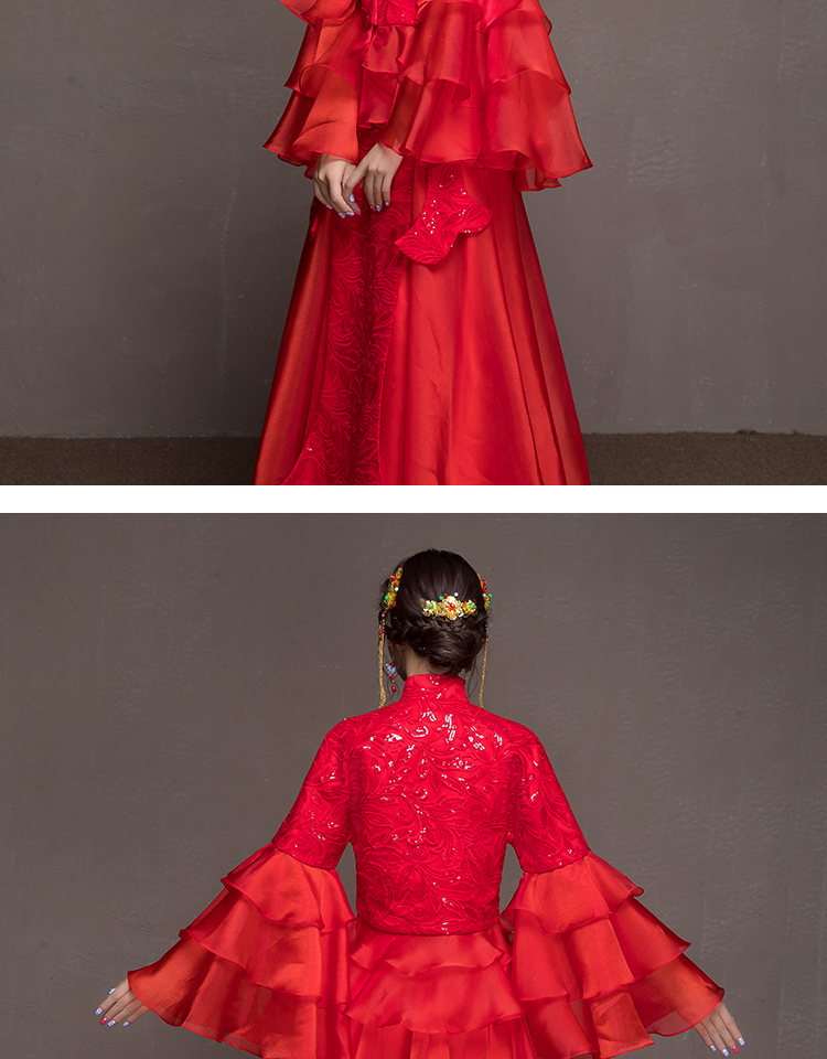 荷葉邊袖新娘結(jié)婚禮服，優(yōu)雅網(wǎng)紗蓬松中式禮服