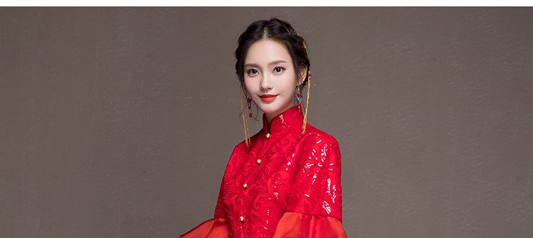 荷葉邊袖新娘結(jié)婚禮服，優(yōu)雅網(wǎng)紗蓬松中式禮服