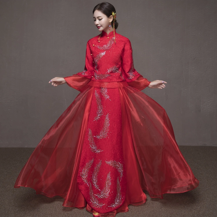 羽毛圖案新娘結(jié)婚禮服，簡(jiǎn)約大氣中式禮服