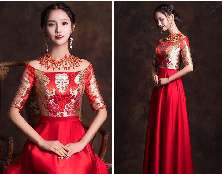 一字肩新娘結(jié)婚禮服，唯美流蘇中式禮服