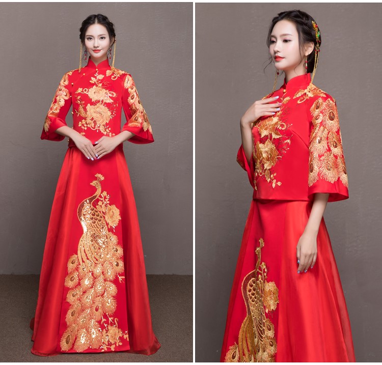 靈動(dòng)金色孔雀中式禮服，唯美新娘禮服