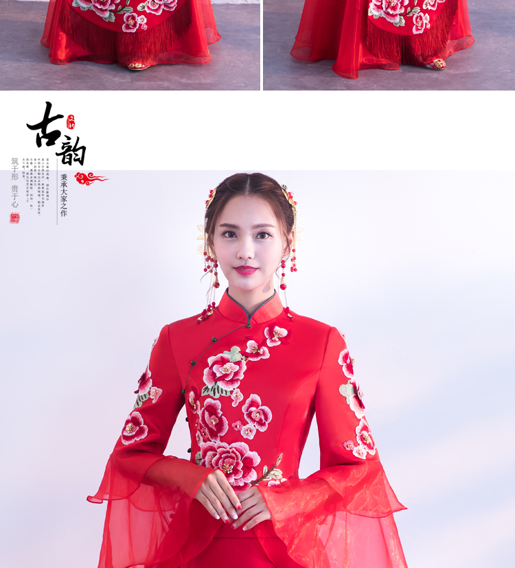 荷葉袖中式禮服，唯美牡丹花新娘禮服