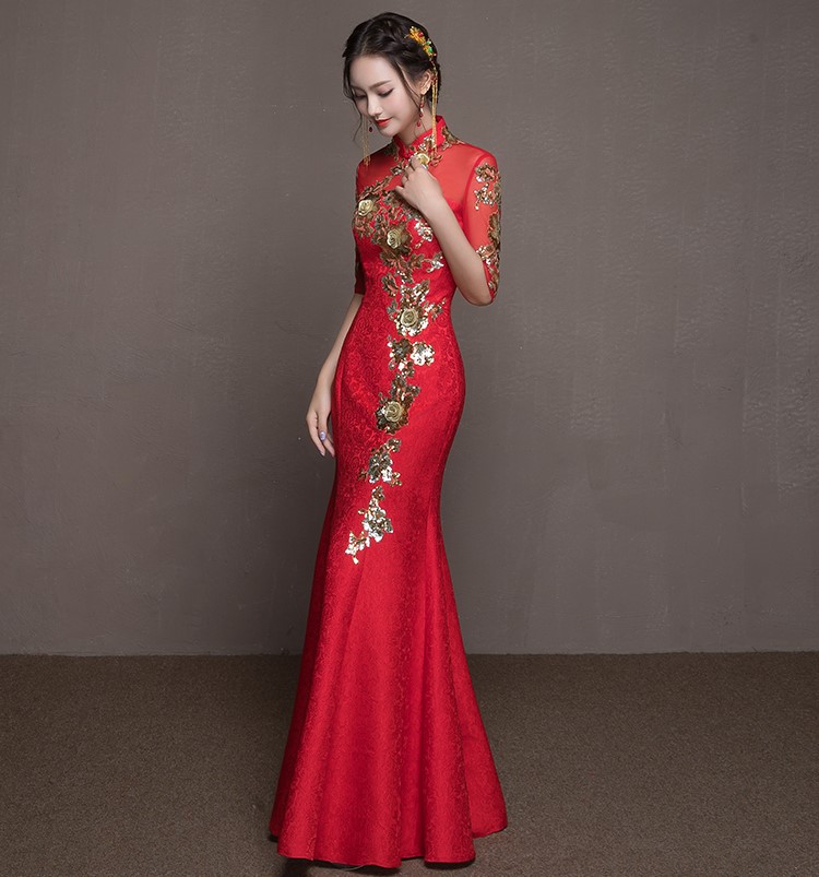 金枝玉葉中式禮服，魚尾牡丹花晚禮服