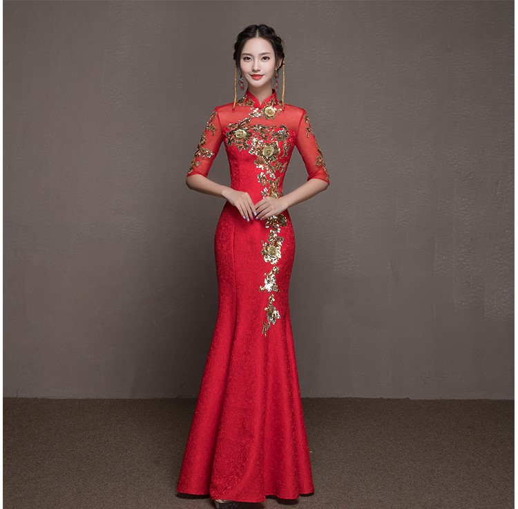 金枝玉葉中式禮服，魚尾牡丹花晚禮服