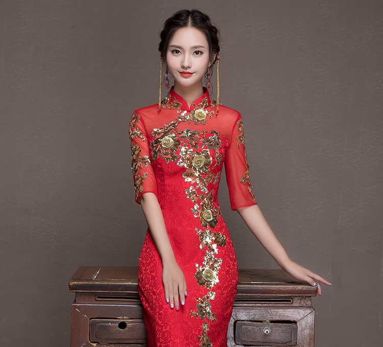 金枝玉葉中式禮服，魚尾牡丹花晚禮服