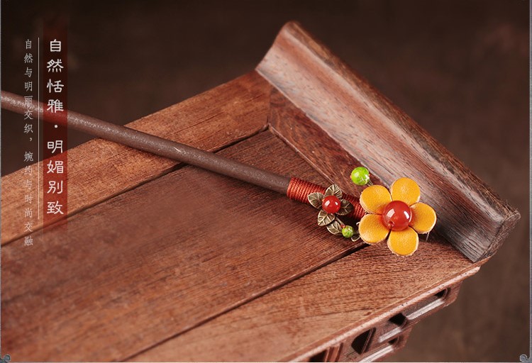 亮黃色花朵發(fā)簪，古風古風盤發(fā)木簪子頭飾