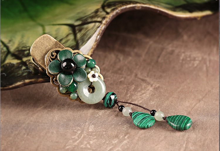 碧水花涵綠色鴨嘴夾，牛皮花朵發(fā)夾頭飾