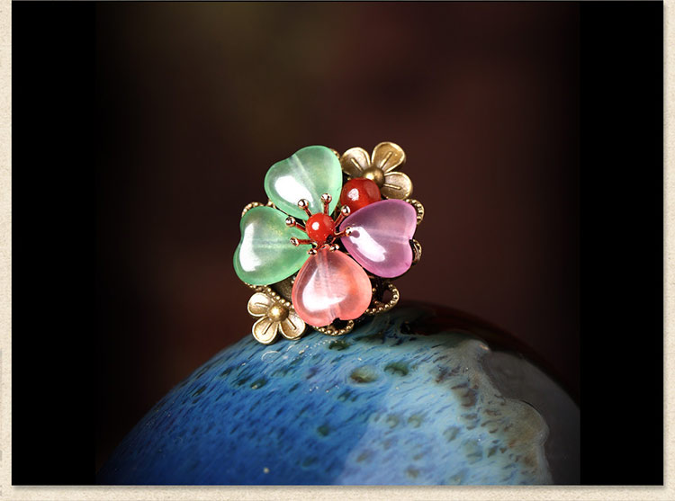 時尚幸運(yùn)彩玉四葉草開口戒指飾品