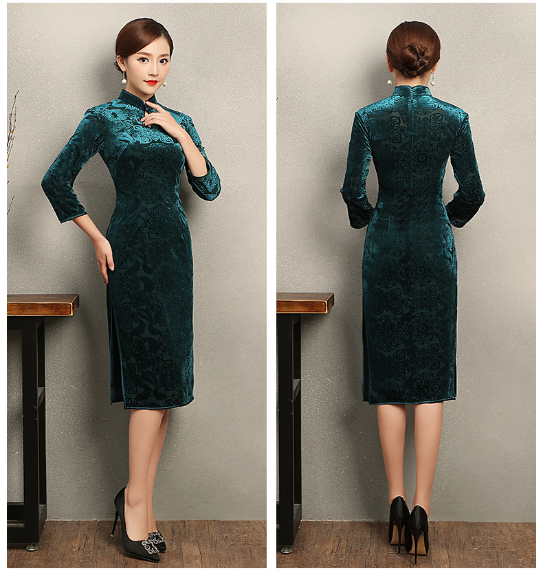 墨綠貴春旗袍，復(fù)古絲絨燒花旗袍裙