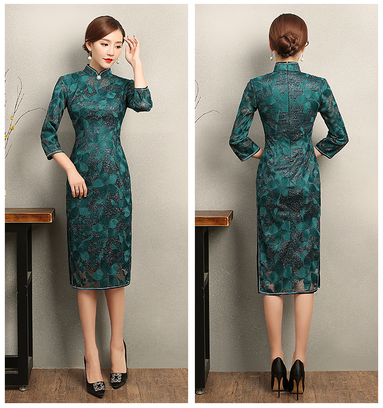 綠色葉嵐旗袍，復(fù)古蕾絲繡花旗袍裙