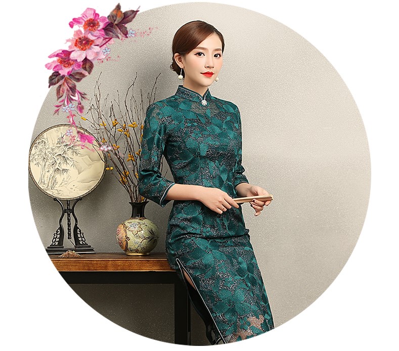 綠色葉嵐旗袍，復(fù)古蕾絲繡花旗袍裙