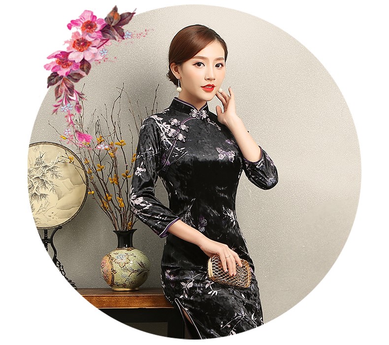 竹蝶黑色旗袍，復(fù)古絲絨印花旗袍裙