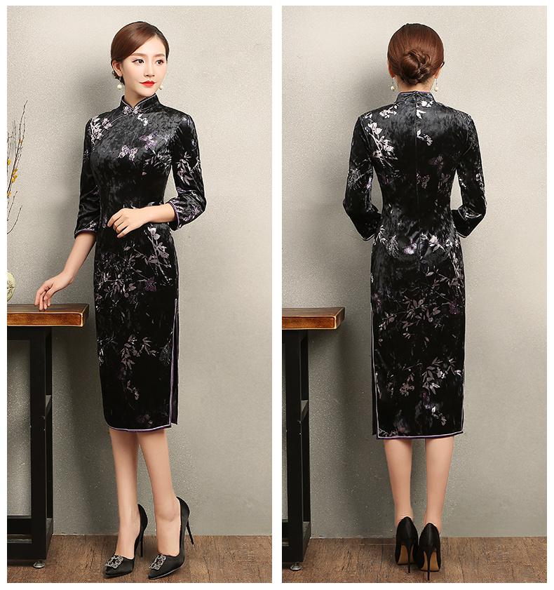 竹蝶黑色旗袍，復(fù)古絲絨印花旗袍裙