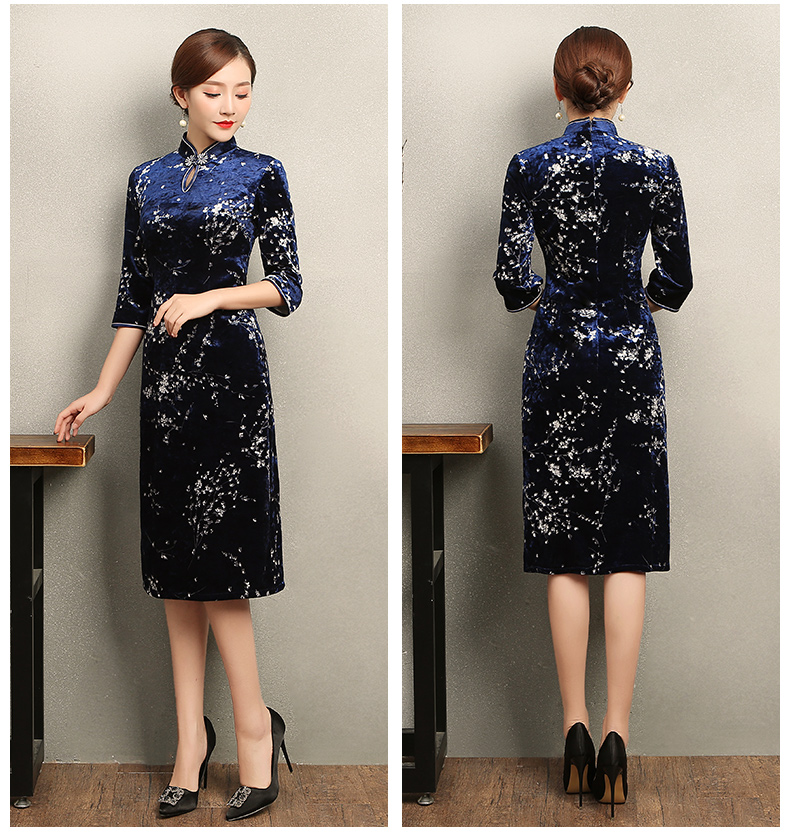 優(yōu)雅時尚梅蘭旗袍，復(fù)古絲絨印花旗袍裙