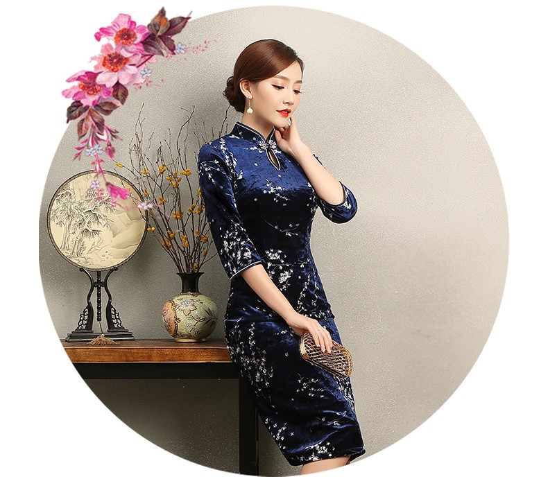 優(yōu)雅時尚梅蘭旗袍，復(fù)古絲絨印花旗袍裙