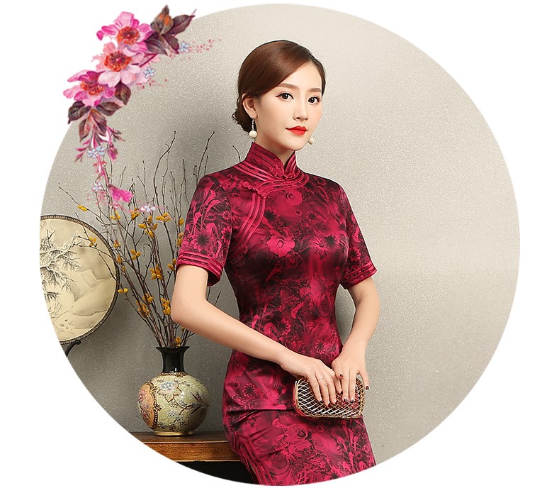 紅色短袖旗袍，復古包邊印花旗袍裙