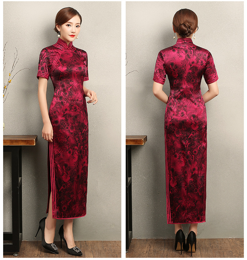 紅色短袖旗袍，復古包邊印花旗袍裙