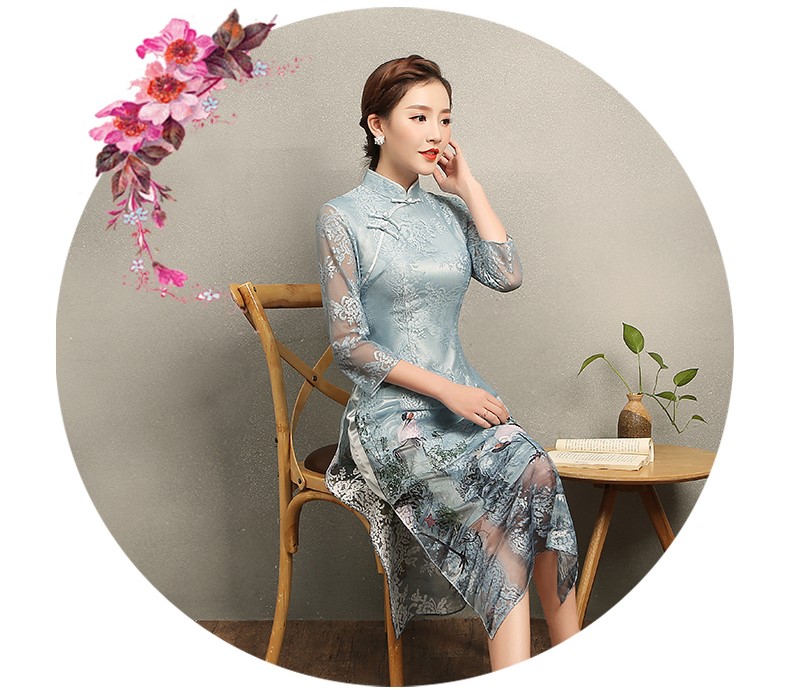 淡雅青鶴旗袍，改良奧黛風長款旗袍裙