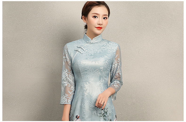 淡雅青鶴旗袍，改良奧黛風長款旗袍裙