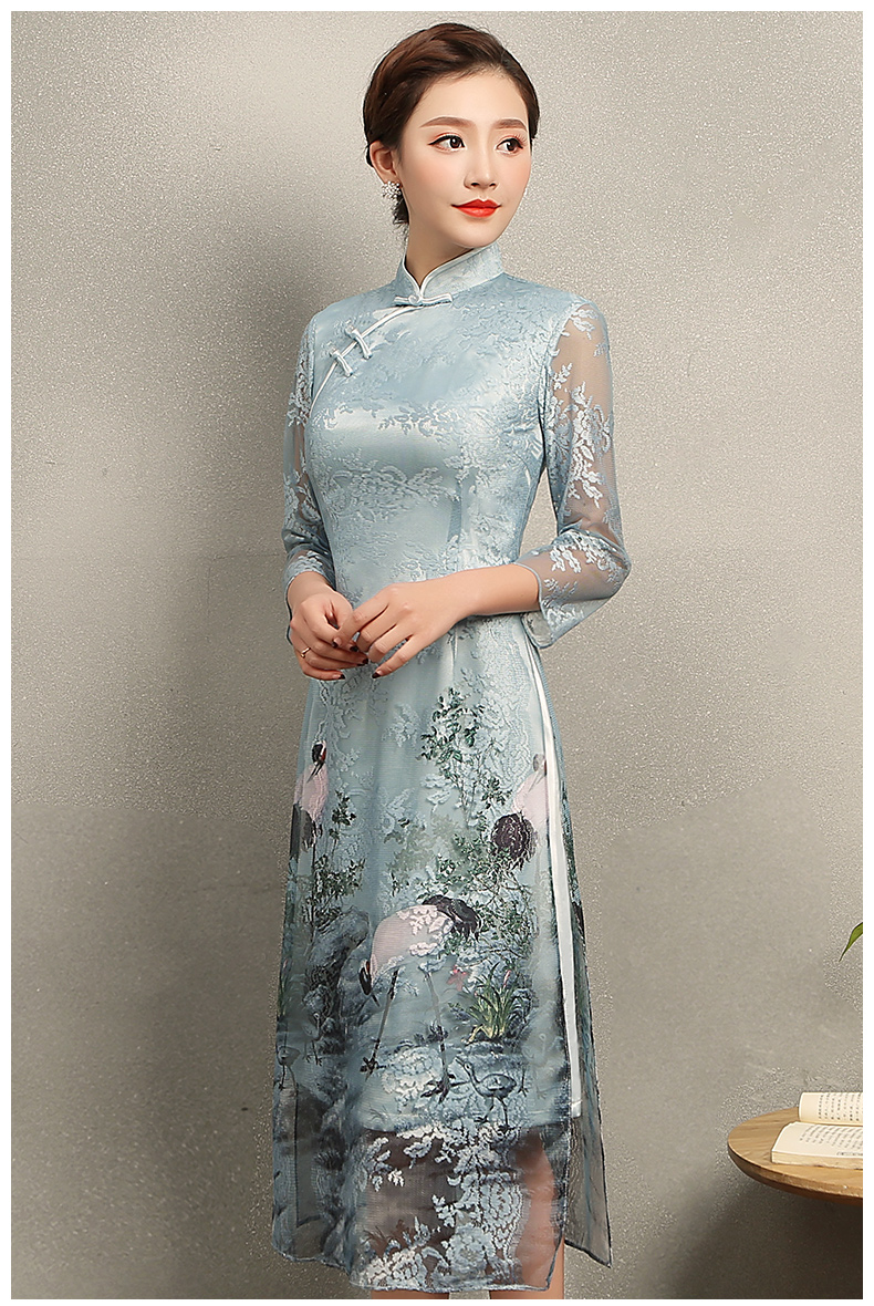 淡雅青鶴旗袍，改良奧黛風長款旗袍裙