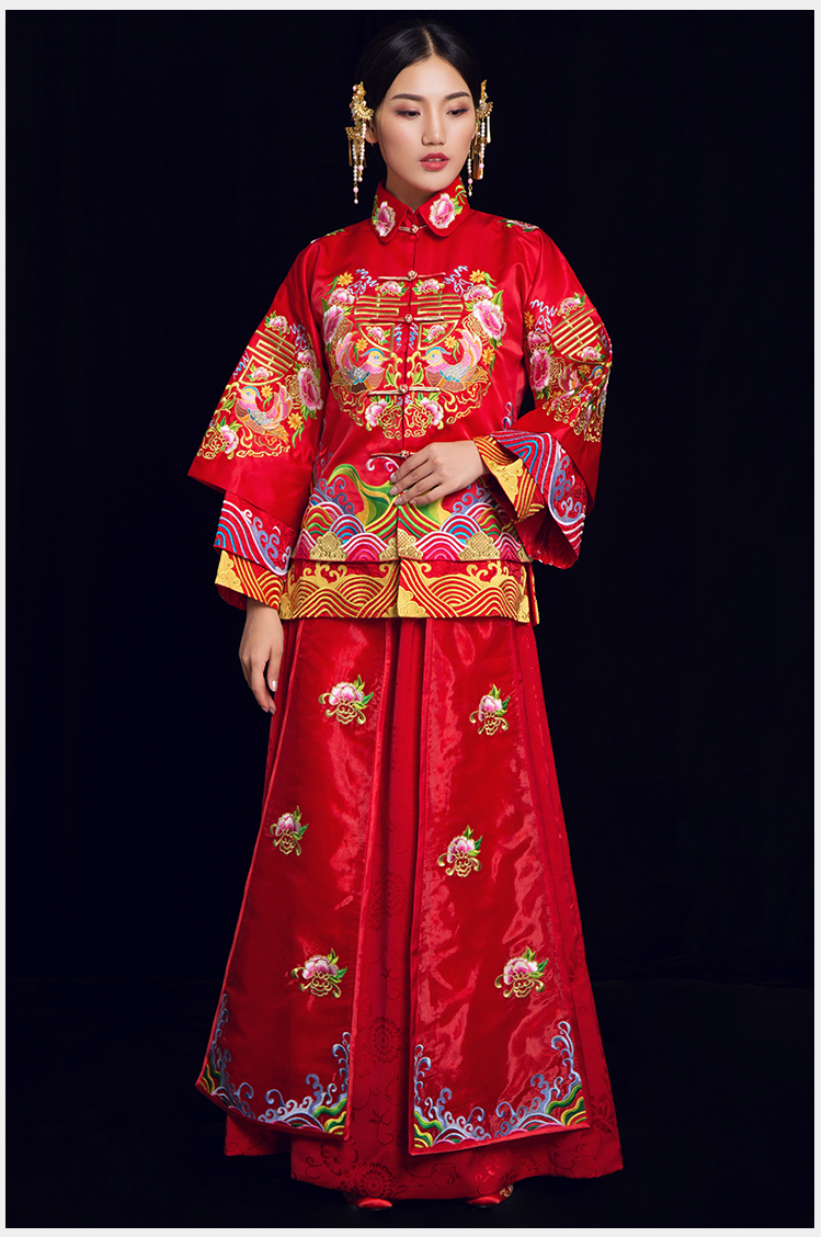 喜締鴛鴦中式禮服，喜字鴛鴦刺繡新娘禮服