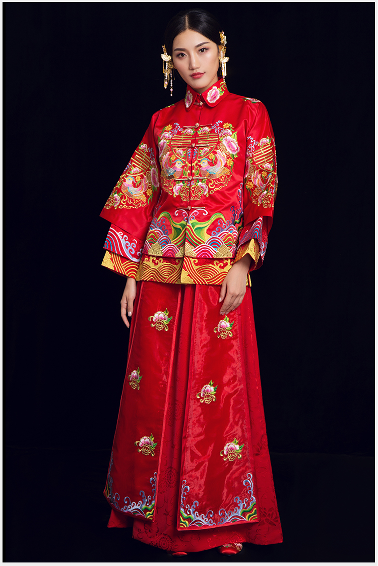 喜締鴛鴦中式禮服，喜字鴛鴦刺繡新娘禮服