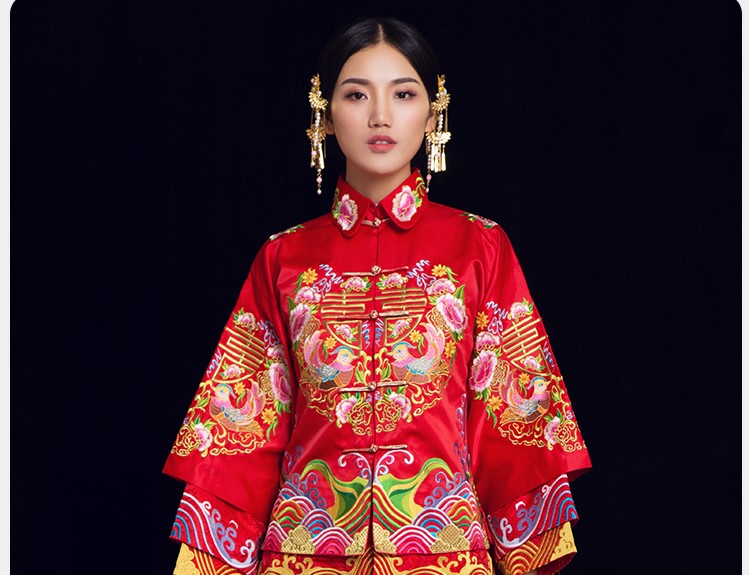 喜締鴛鴦中式禮服，喜字鴛鴦刺繡新娘禮服
